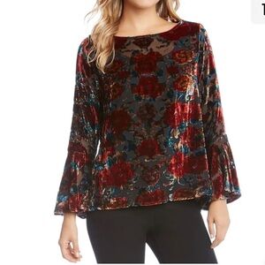 Karen Kane velvet semi-sheer top, size L. Long sleeves w/ruffle. Red, blue black